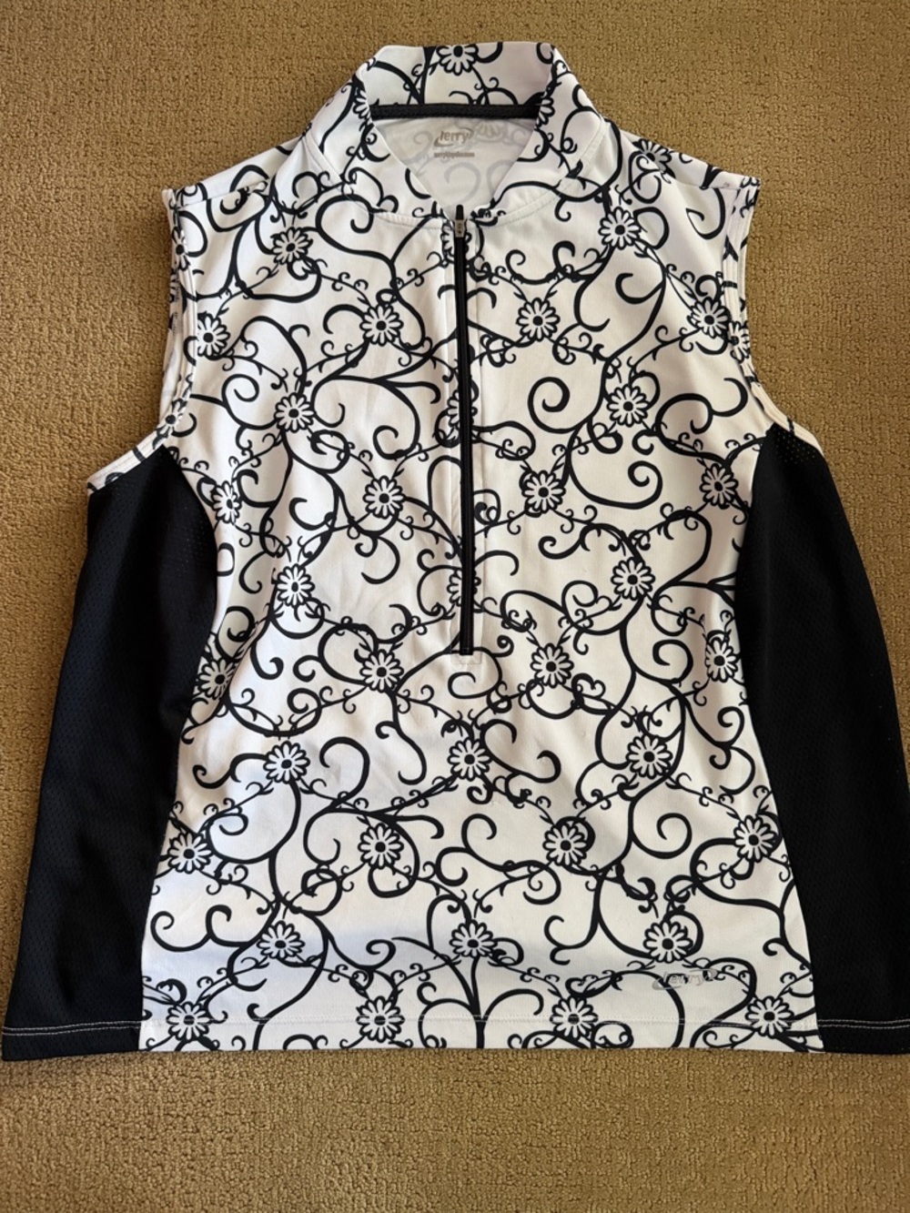 Terry cycling sporty Floral Quarter-Zip Sleeveless Top - Black & White